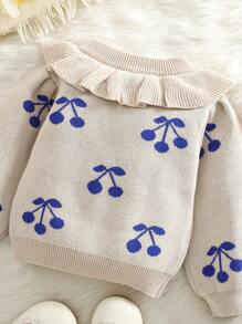 1pc Baby Girls  Cherry Print Ruffle Collar Cardigan Sweater Loose Warm Outerwear For Infant & Toddler, Autumn/Winter - Camel - View 4