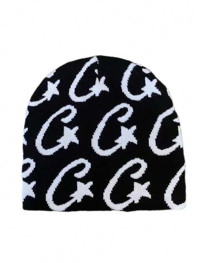 1 件星星提花针织帽，休闲骷髅帽，时尚滑雪帽，运动帽，情侣帽，节日礼物秋季服装