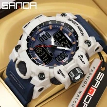 SANDA 男士手表数字石英双时区军用运动腕表顶级品牌奢华多功能闹钟日期星期秒表功能 TPU 表带防水电子男钟礼物