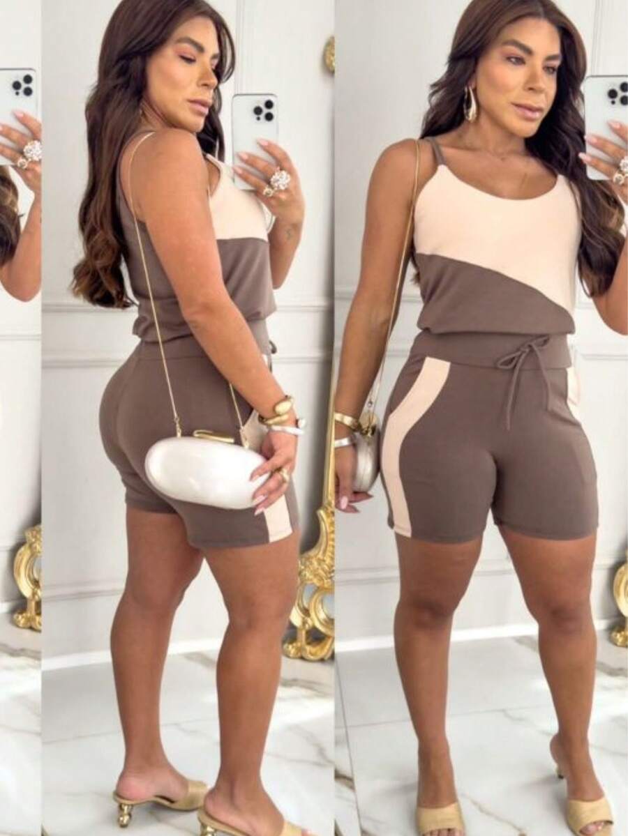 WOMEN'S SET OF SHORTS AND BLOUSE WITH STRAPS RIBBED ELASTANE - 鏽棕色 - 查看 1