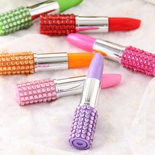 1pc Cute Cartoon Korean Rhinestone Lipstick Design Ballpoint Pen, Gift Stationery