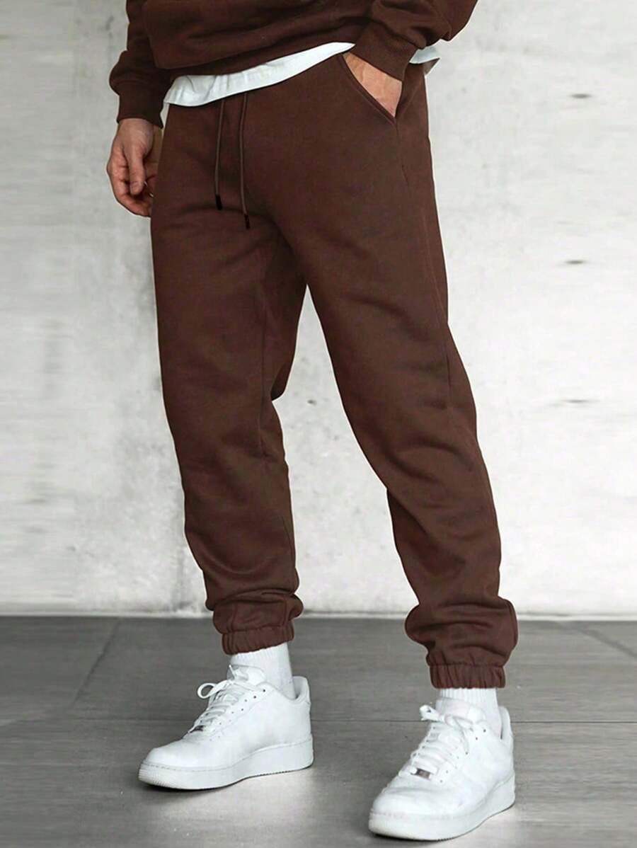 Men's Loose Fit Casual Drawstring Ankle-Length Pants, Thin Fleece, Spring/Autumn - Brown - View 1