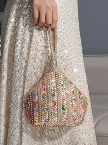 Women's Evening Clutch Bag With Rhinestone Decoration, Fancy Shaped Handbag, Perfect For Formal Party, Cocktail Dress Accessory, Glamorous Rhinestone Bag, Bags Ladies Elegant, Wedding - Champagne - View 2