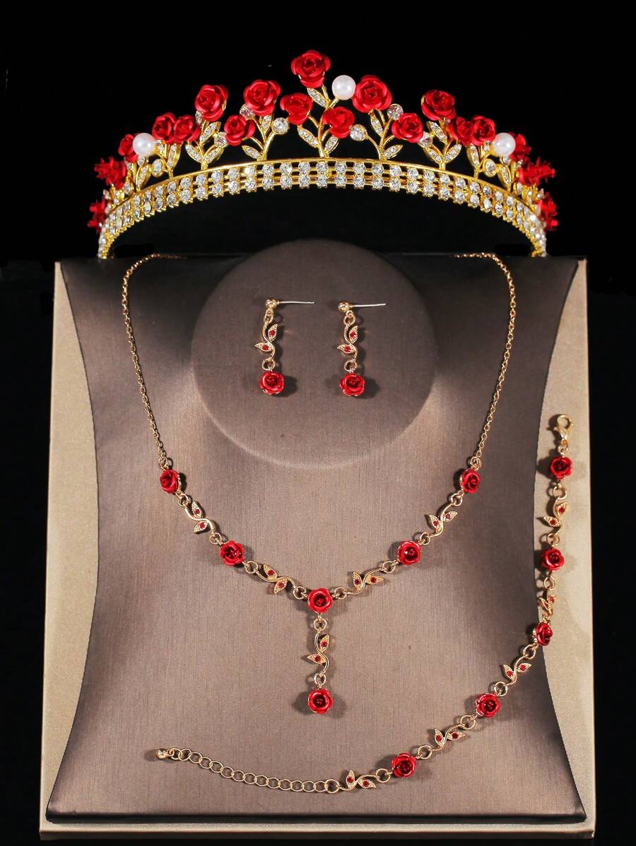 1 套新娘金色新娘配饰 - 红玫瑰花装饰皇冠、项链、耳环、手链（5 件），适合婚礼、典礼、派对 - 金色 - 查看 1