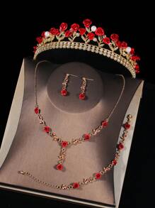 1 套新娘金色新娘配饰 - 红玫瑰花装饰皇冠、项链、耳环、手链（5 件），适合婚礼、典礼、派对 - 金色 - 查看 3