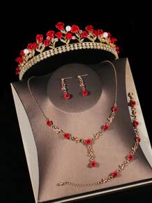 1 套新娘金色新娘配饰 - 红玫瑰花装饰皇冠、项链、耳环、手链（5 件），适合婚礼、典礼、派对 - 金色 - 查看 2