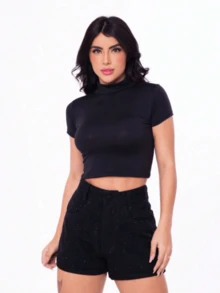 Women's Black Twill Short With Glitter - màu đen - Xem 3