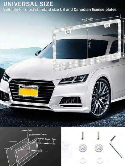 1 pieza Marco de placa de matrícula de coche con rhinestones, soporte de placa de matrícula de acrílico brillante, marco de placa de matrícula de acero inoxidable con diamantes, accesorios para automóviles