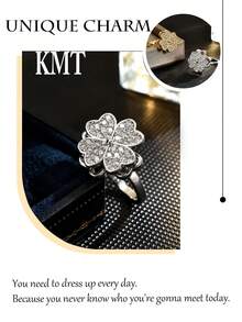 KMT 1 件铜方晶锆石四叶草心形旋转戒指，时尚女士珠宝礼盒 - 愛心四葉草款 - 查看 7