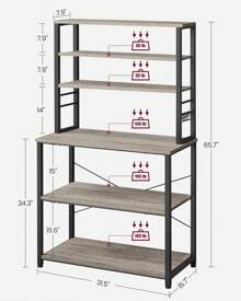 VASAGLE Kitchen Storage Rack, Coffee Bar, Baker's Rack, Total 6 Shelves And 6 Hooks, For Microwave, Steel Frame, Industrial, 40 X 80 X 167 Cm - Grey - View 4