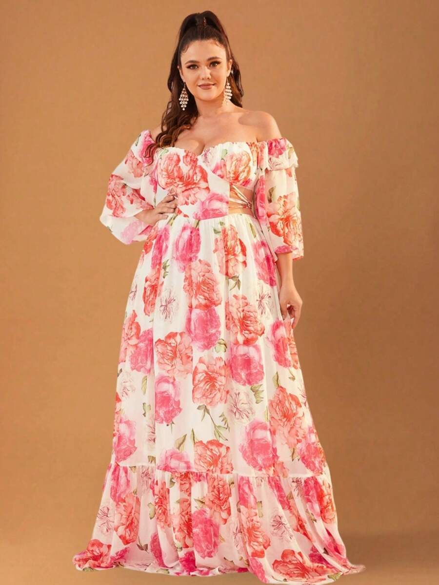 YISIKADO Vestido de gasa con volantes, escote desigual y estampado floral para tallas grandes - Multicolor - Ver 1