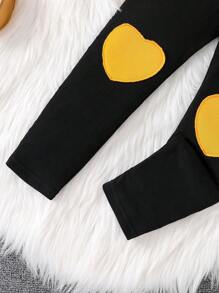 2pcs Young Girl Casual Fashion Spring Autumn Set, Featuring Solid Color Patchwork Design With Bow Accent, Ribbed Cuffs Crew Neck Knitted Top And Heart Pattern Elastic Waist Straight Leg Pants, Soft And Comfortable Chic Casual Outfit For Girls, Elementary School Daily Use Apparel For Fall - Yellow - View 7