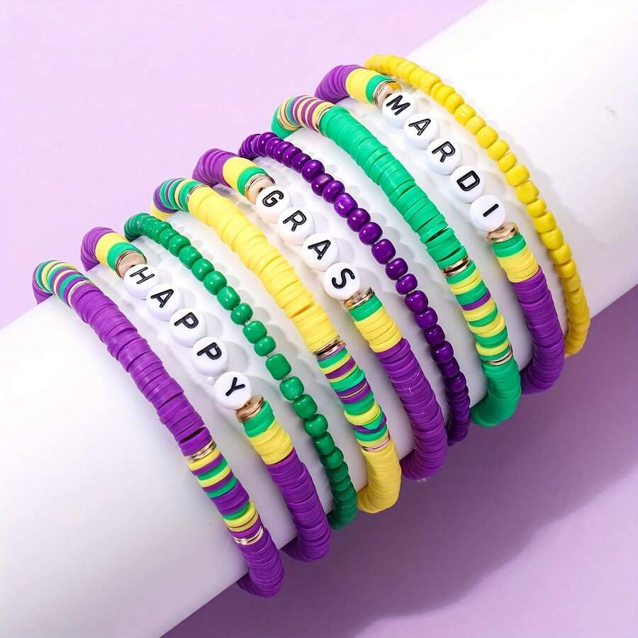 Bộ vòng tay phong cách lễ hội 9 chiếc/bộ, vòng tay đất sét polyme, vòng tay co giãn đính hạt, vòng tay tình bạn, phong cách Bohemian dành cho nam và nữ, bộ quà tặng cho cặp đôi - Màu sắc hỗn hợp - Xem 1