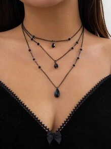 3pcs/Set Gothic Style Personalized Sweet And Cool Dark Rhinestone Black Blood Drop Tassel Necklace Choker For Women, Halloween Party Accessories, Halloween Gift For Friends - Black - View 13