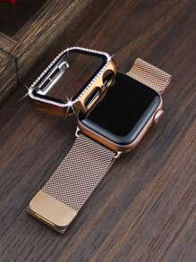 兼容 表带和表壳组合。时尚休闲，男女皆宜。这款二合一表壳采用柔软透气、可调节的环形不锈钢编织磁扣表带，镶嵌闪亮水钻，防摔防刮，PC 材质，并覆有钢化玻璃保护膜。兼容 Series Ultra/11/10/9/8/7/6/5/4/3/Se，搭配 38/40/41/42/44/45/46/49 毫米表带和表壳。 - 玫瑰金 - 查看 4