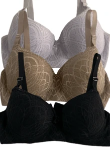 Kit 3 Plus Size Support Bra Reinforced Women's With Lace Cup Thick Adjustable Strap With Underwire - 彩色 - 查看 1