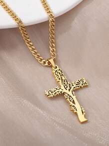 Stainless Steel Tree Of Life Cross Necklaces For Women Men Gold Color Cuban Chain Pendant Necklace Male Female Jewelry Birthday Gift ﻿ - N04135-3 - View 5