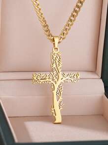 Stainless Steel Tree Of Life Cross Necklaces For Women Men Gold Color Cuban Chain Pendant Necklace Male Female Jewelry Birthday Gift ﻿ - N04135-3 - View 1