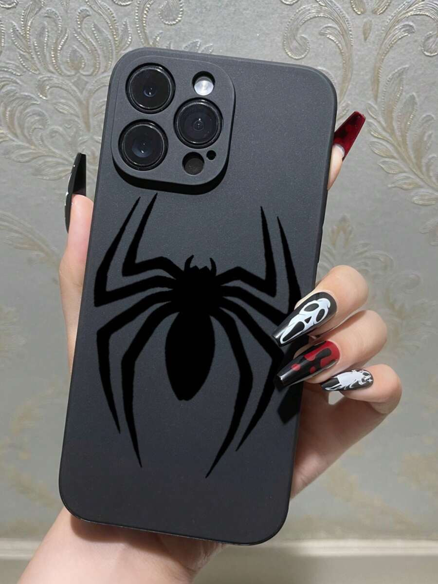 1pc Spider Design Anti-Slip Shock-Proof Black Phone Case Compatible With IPhone, Compatible With Honor, Compatible With Redmi, Compatible With Samsung Galaxy, International Version,  Not The Domestic Version - Black - View 1