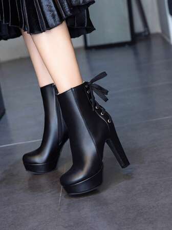 Höst/vinter 12 cm retro högklackade platåstövlar med vattentäta ankelstövlar för kvinnor, moderiktiga sexiga korta stövlar, bär med kofta, mångsidiga