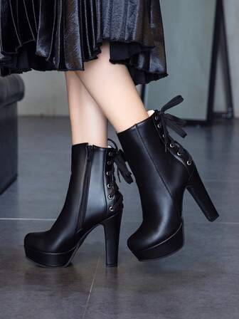 Höst/vinter 12 cm retro högklackade platåstövlar med vattentäta ankelstövlar för kvinnor, moderiktiga sexiga korta stövlar, bär med kofta, mångsidiga