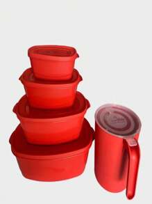 kit potes ovais com tampa vermelho 4 potes e 1 jarra
