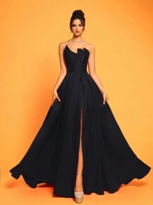 New Luxury High-Slit Strapless High-End Exclusive Party Evening Gown, Black Elegant Formal Prom Dress, For Wedding Guest, Graduation, Dinner