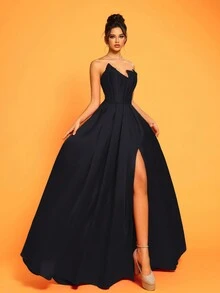 New Luxury High-Slit Strapless High-End Exclusive Party Evening Gown, Black Elegant Formal Prom Dress, For Wedding Guest, Graduation, Dinner