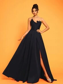 New Luxury High-Slit Strapless High-End Exclusive Party Evening Gown, Black Elegant Formal Prom Dress, For Wedding Guest, Graduation, Dinner