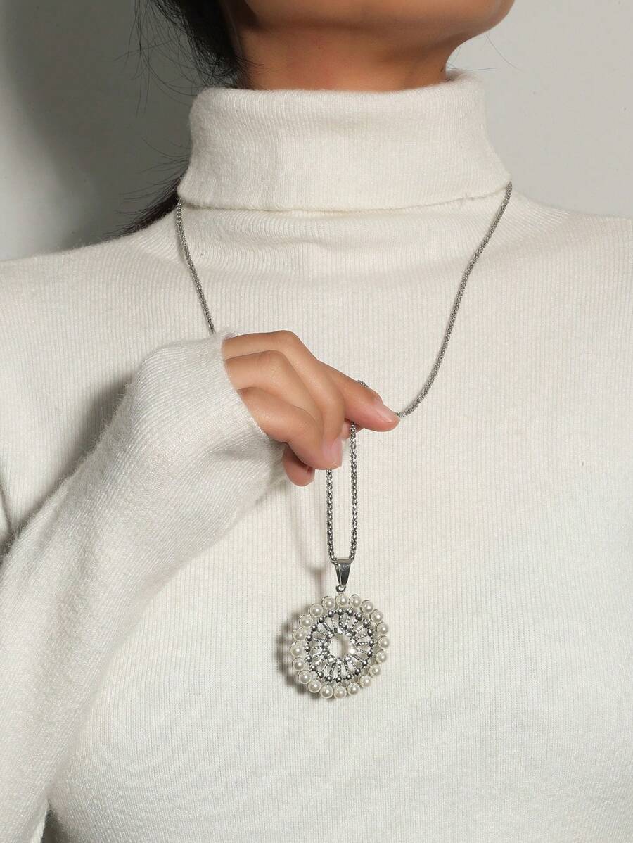 1 件个性化圆形水钻和珍珠装饰合金链项链,适合女士,欧美风格 - 銀色 - 查看 1