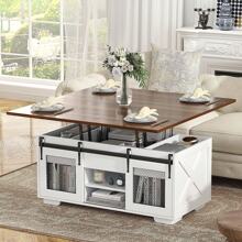 VOWNER Barn Doors Lift Top Coffee Table Convertible To Dining Table, 3 In 1 Multi-Function Coffee Table With Large Storage Space - 棕色 - 查看 4