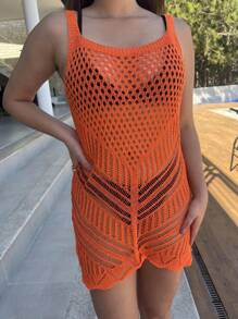 Women's Beachwear Knitted Dress With Straps And Detailed Crochet, Elegant Pool Fashion - 橘色 - 查看 4