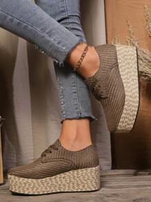 Giày thể thao đế cao thanh lịch cho nữ, lót vải canvas thoải mái, đế cao su, giày vải buộc dây thường ngày - màu nâu - Xem 4