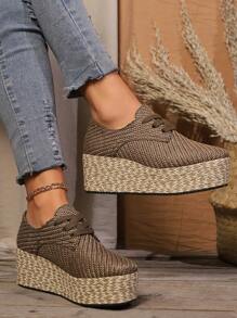 Giày thể thao đế cao thanh lịch cho nữ, lót vải canvas thoải mái, đế cao su, giày vải buộc dây thường ngày - màu nâu - Xem 2