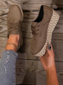 Giày thể thao đế cao thanh lịch cho nữ, lót vải canvas thoải mái, đế cao su, giày vải buộc dây thường ngày - màu nâu - Xem 6