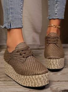 Giày thể thao đế cao thanh lịch cho nữ, lót vải canvas thoải mái, đế cao su, giày vải buộc dây thường ngày - màu nâu - Xem 3