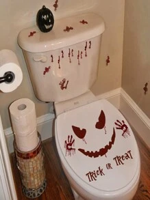 1pc Halloween Toilet Seat Decal Sticker, Holiday Hand Print Wall Decals For Bathroom Decoration, Horror Atmosphere Decor - Multicolor - View 3