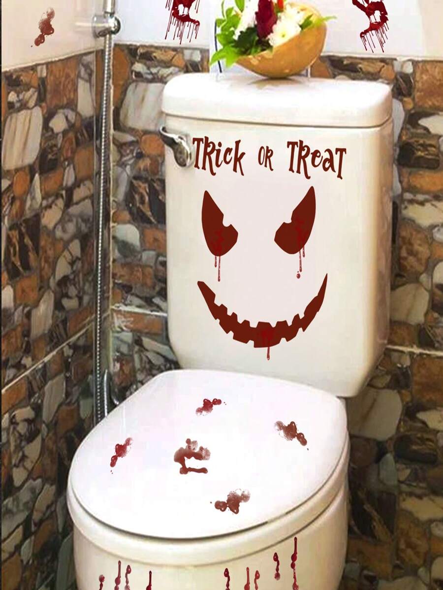 1pc Halloween Toilet Seat Decal Sticker, Holiday Hand Print Wall Decals For Bathroom Decoration, Horror Atmosphere Decor - Multicolor - View 1