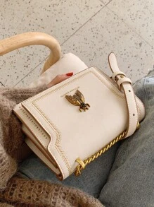 New Fashion Retro Bee Decorative Design Shoulder Bag, Square Bag, Metal Chain Decorative Crossbody Bag, Solid Color PU Waterproof Fabric Wallet, Suitable For Travel, Shopping, Giving Mom Festival Gifts