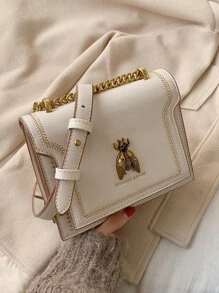 New Fashion Retro Bee Decorative Design Shoulder Bag, Square Bag, Metal Chain Decorative Crossbody Bag, Solid Color PU Waterproof Fabric Wallet, Suitable For Travel, Shopping, Giving Mom Festival Gifts