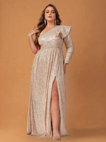 YISIKADO Plus One Shoulder Ruffle Trim Split Thigh Sequin Formal Dress - Champagne - View 1