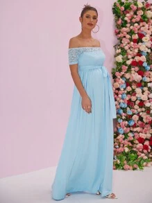 Sexy Off Shoulder Solid Color Floral Pattern Maternity Elegant Evening Gown, For Party - Baby Blue - View 1