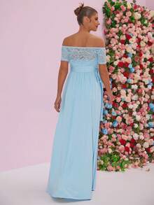 Sexy Off Shoulder Solid Color Floral Pattern Maternity Elegant Evening Gown, For Party - Baby Blue - View 6