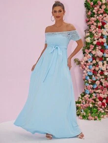 Sexy Off Shoulder Solid Color Floral Pattern Maternity Elegant Evening Gown, For Party - Baby Blue - View 4
