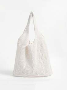 女士镂空针织单肩包，简约钩针手提包，轻便休闲钩针图案包，适合青少年、女性、大学生，完美适用于大学、户外活动、旅行、野餐、度假、海滩、购物等各种场合，最受欢迎的沙滩包 - 白色 - 查看 2