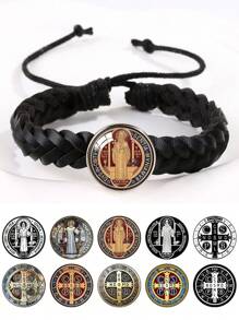 1pc Saint Benedict Medal Leather Bracelet, Adjustable Woven Rope Bracelet For Men - Bracelet - View 12