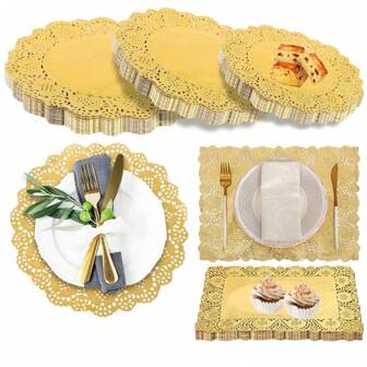 100pcs Round/Rectangle Gold Paper Lace Doilies Paper Placemats Doily - Decorative & Disposable For Dessert Fried Food, Wedding Party Tableware Decoration, Cake Packaging Air Fryer Kitchen Air Fryer Liners Air Fryer Paper Airfryer Air Frier