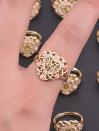 1pc Initial Adjustable Ring Heart A To Z Letter Ring 3tone Flower Ring Fashion Gifts 14k Golden Ring For Girls Valentines,Mom,Mother,Mother's Day,Gift
