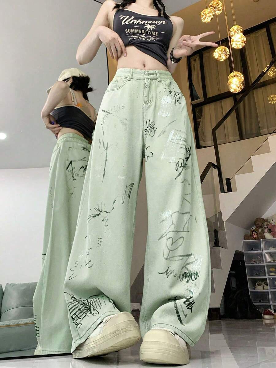 Random Graffiti Pattern Loose High Waist Wide Leg Women's Jeans