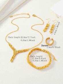 4 件/套 24K 镀金铜麦穗链女式首饰套装，包括 1 条项链、1 条手链、1 对耳环、1 件戒指 - 金黃色 - 查看 4
